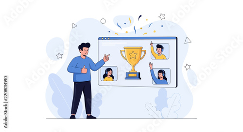 Man celebrates online achievement with virtual team and trophy on screen, confetti falling, vector illustration.