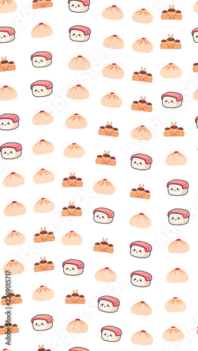 Cute Kawaii Food Pattern with Baozi, Sushi, and Takoyaki