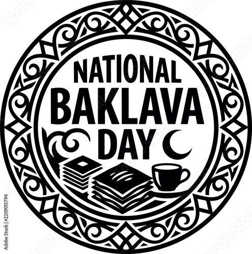 National Baklava Day Celebration Logo With Book And Coffee Cup