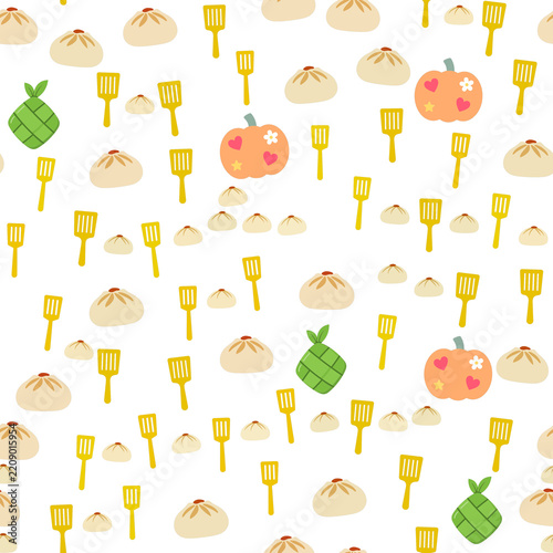 Seamless pattern of baozi, ketupat, pumpkin and spatula