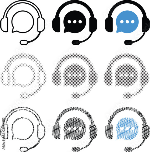 Customer Support Headset and Chat Bubble Icon Set in Outline, Solid, Halftone and Sketch Styles