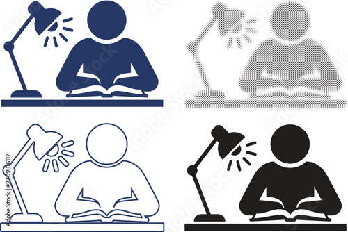 Student Reading Book at Desk Lamp Icon Set in Solid, Outline and Halftone Styles