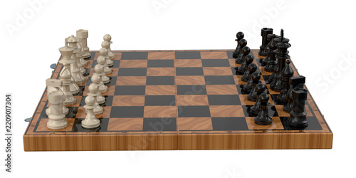 Chess pieces on the board in the starting position. isolated. 3D Rendering.	