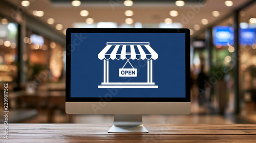 Desktop monitor showing an online shopping store graphic with an open sign, blurred shopping mall background, business internet shop concept, with copy space