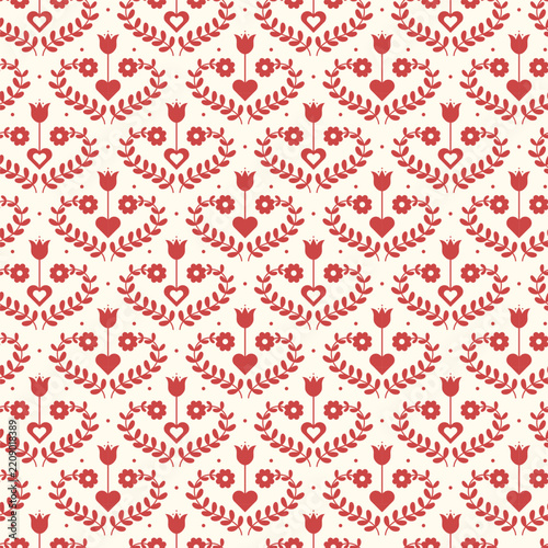 Red Folk Heart Wreath with Tulip Pattern