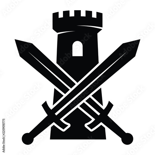 Medieval Castle Tower Fortress with Crossed Swords Emblem