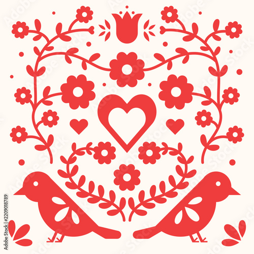 Red Folk Birds and Heart Floral Motif