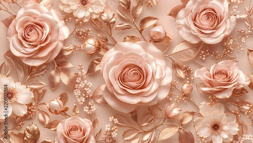 Luxurious rose gold floral pattern background with 3D metallic roses and elegant leaves.