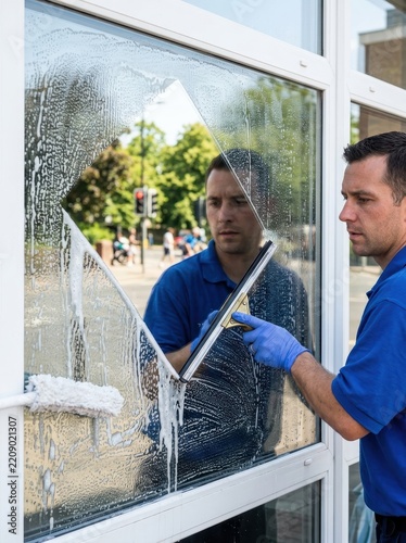 Professional Male Window Cleaner Using a Squeegee to Clean a Soapy Glass Window of a Commercial Building