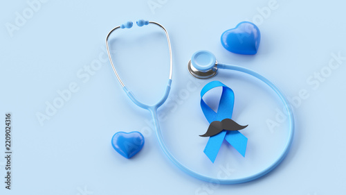Blue awareness ribbon with mustache and stethoscope for men's health. 3d illustration