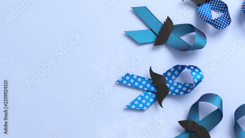 Blue awareness ribbons with mustache supporting men's health. 3d illustration