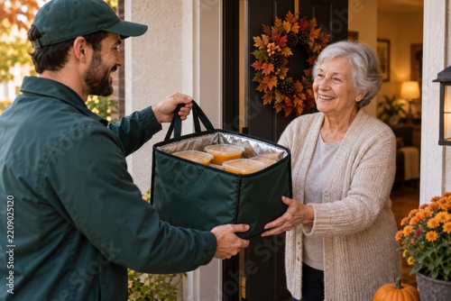 Meal delivery worker handing an insulated food bag to a smiling older woman at an autumn doorway, supporting independent living at home