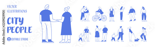Vector people outline bundle with editable stroke for easy customization. Line art crowd of men, women and children outdoors, isolated on white background.
