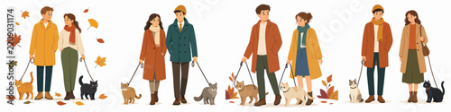 Vector of couple taking their pet cat for a walk. Autumn theme. Vector, flat, illustration, minimalist