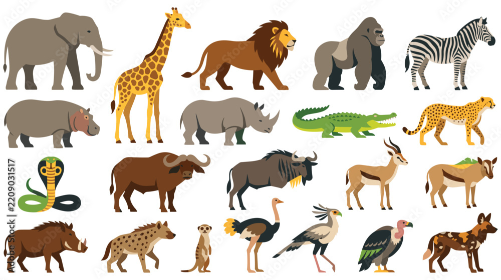 Obraz premium Set of wild savanna animals featuring detailed flat vector illustrations design.