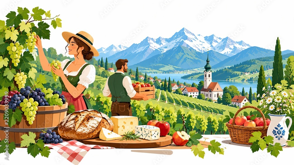Obraz premium Illustrated alpine vineyard harvest picnic with a woman picking grapes, baskets of fruit, bread and cheese against a mountain village landscape.