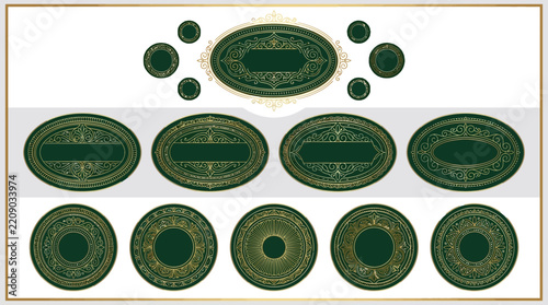 Ornate Vintage Emblem Collection - Green and Gold Decorative Labels