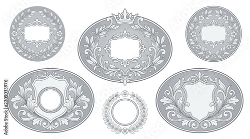Ornate Vintage Emblem Set: Laurel Wreaths, Shields, Crests, Isolated