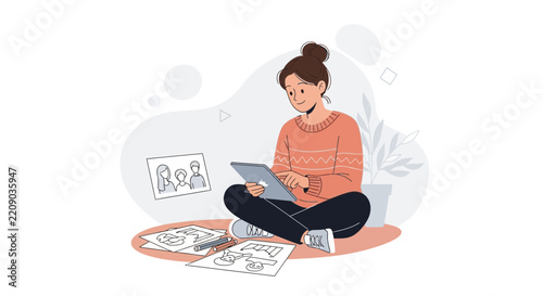 Young woman working on a tablet computer with design sketches and family photo nearby, modern flat illustration style