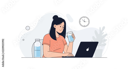 Young woman working on laptop and drinking water, illustrating remote work, healthy lifestyle, and hydration.