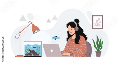 Young woman working on laptop with headphones, desk setup with aquarium and lamp, modern flat illustration style.