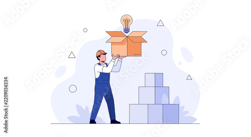 Worker Unboxing a Lightbulb Idea, Business Concept Illustration