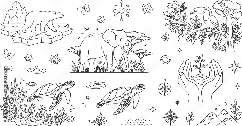 Fototapeta premium Global biodiversity ecosystem line art illustration set featuring polar bear elephant sea turtle toucan and caring hands sprout