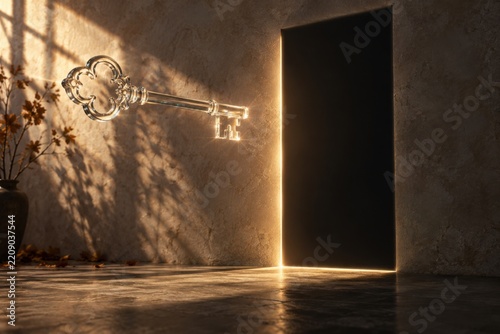 Transparent glass key floating beside a dark open doorway edged with golden light for a surreal concept of access, mystery and opportunity
