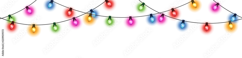 Fototapeta premium Realistic glowing colorful hanging decorative christmas lights in seamless pattern