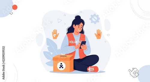 Young Woman Volunteer Using Smartphone Next to Donation Box with Helping Hands Icon