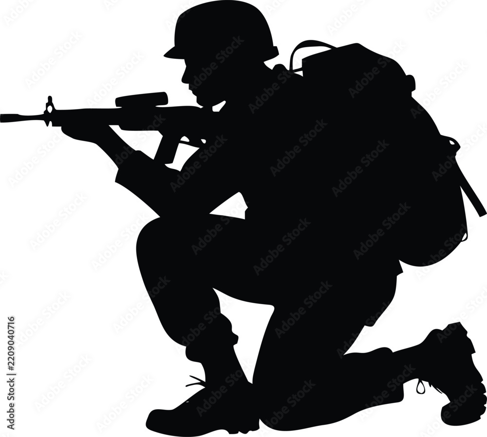 Fototapeta premium Silhouette of a soldier kneeling while aiming a rifle with a large military backpack on white background