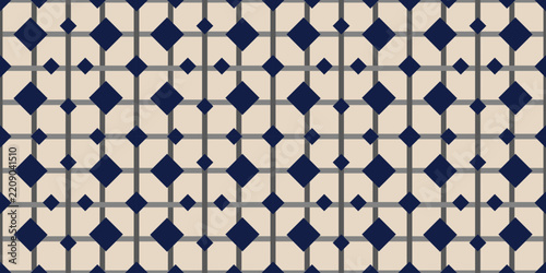 A seamless pattern featuring geometric and fabric like motifs on a beige background.
