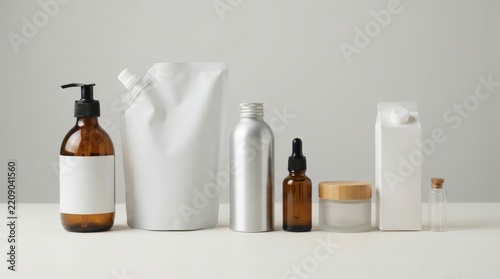 unbranded refill packaging mockup collection Minimalist skincare and cosmetic bottles and containers on a neutral surface