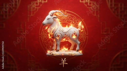 Majestic White Goat with Fiery Aura on Red Background, Chinese Zodiac Symbol.