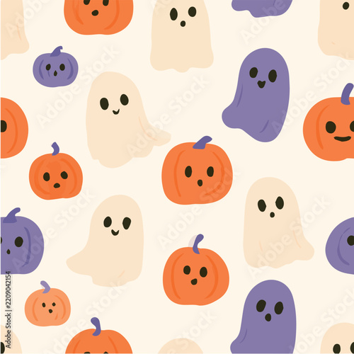 Cute halloween seamless pattern, tiny pumpkins, ghosts