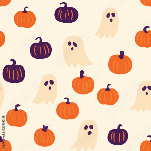 Cute halloween seamless pattern, tiny pumpkins, ghosts