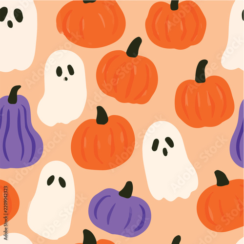 Cute halloween seamless pattern, tiny pumpkins, ghosts
