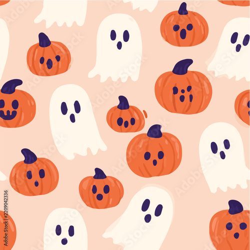 Cute halloween seamless pattern, tiny pumpkins, ghosts