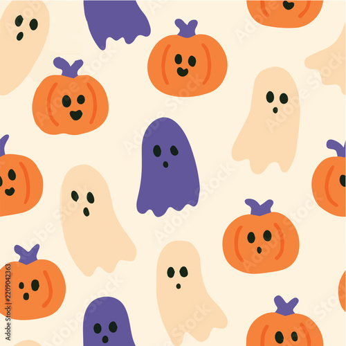 Cute halloween seamless pattern, tiny pumpkins, ghosts
