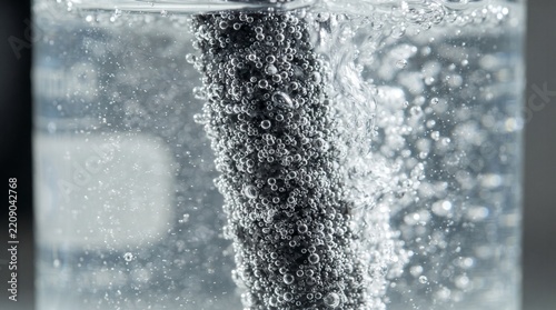 Close up of electrolysis process with hydrogen gas bubbles forming on electrode in water for renewable energy and green hydrogen production concept