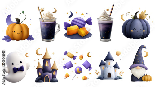 Cute halloween decor with pumpkin ghost candy and castle in purple and orange colors creating festive and charming atmosphere