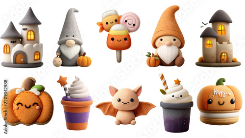 Cute halloween decor with gnome pumpkin bat and sweet treats in charming style perfect for festive autumn celebration