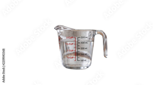 Clear glass measuring cup filled with water, transparent measuring pitcher for baking, kitchen measuring jug with red scale markings isolated PNG with Transparent Background