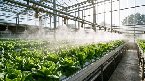 Fresh green leafy vegetables growing in rows inside a high-tech hydroponic greenhouse with an automatic mist watering system in operation
