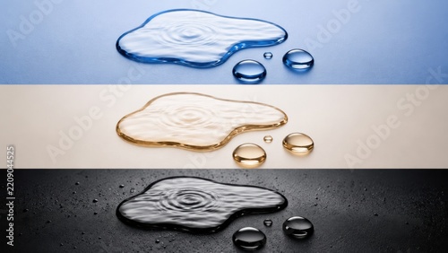 Realistic water splash and liquid puddle with transparent droplets on clean backgrounds, glossy fluid texture, isolated abstract water effect for design