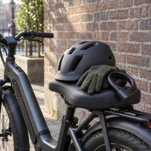 Black electric bike with helmet, gloves, lock on saddle parked at brick wall on city street, closeup