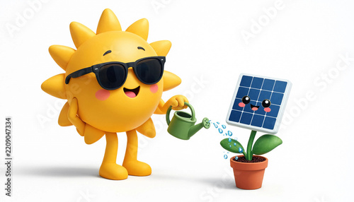 Cute cartoon sun character watering a solar panel plant for renewable energy and eco-friendly technology concept