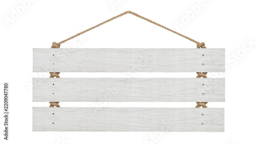 Three horizontal white wooden planks with rope hanger, isolated on transparent background