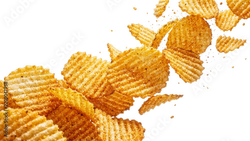 Crispy ridged potato chips with seasoning, isolated on transparent background