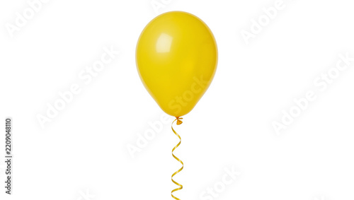 Bright yellow balloon with golden ribbon, isolated on transparent background